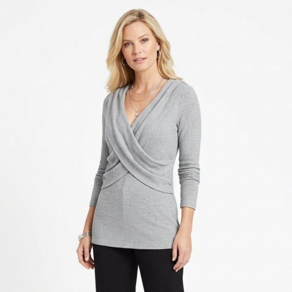 Sugarfox Gray Long Sleeve Ribbed Knit Drape Trim Sweater Top M